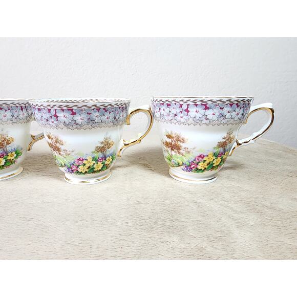 Woodland Dell Teacup Mug Sutherland Bone China Gold Trim Made in England x4 Vtg - Picture 4 of 14